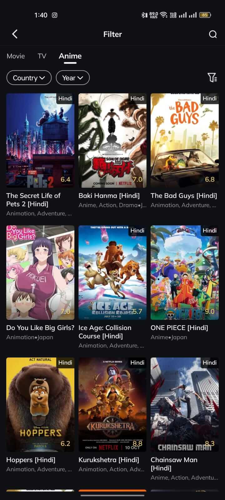 Anime Content on Movie Box App