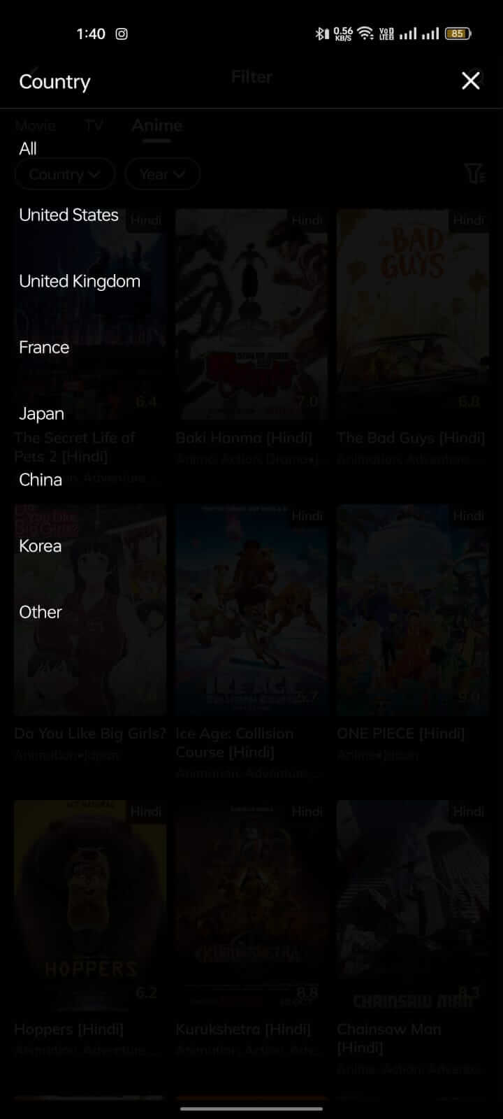 By Country Filter on Movie Box App