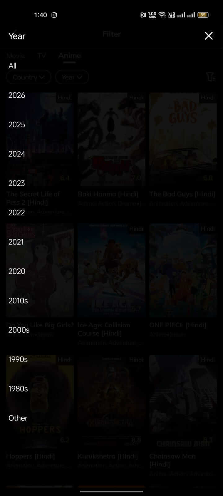 By Years Filter on Movie Box App