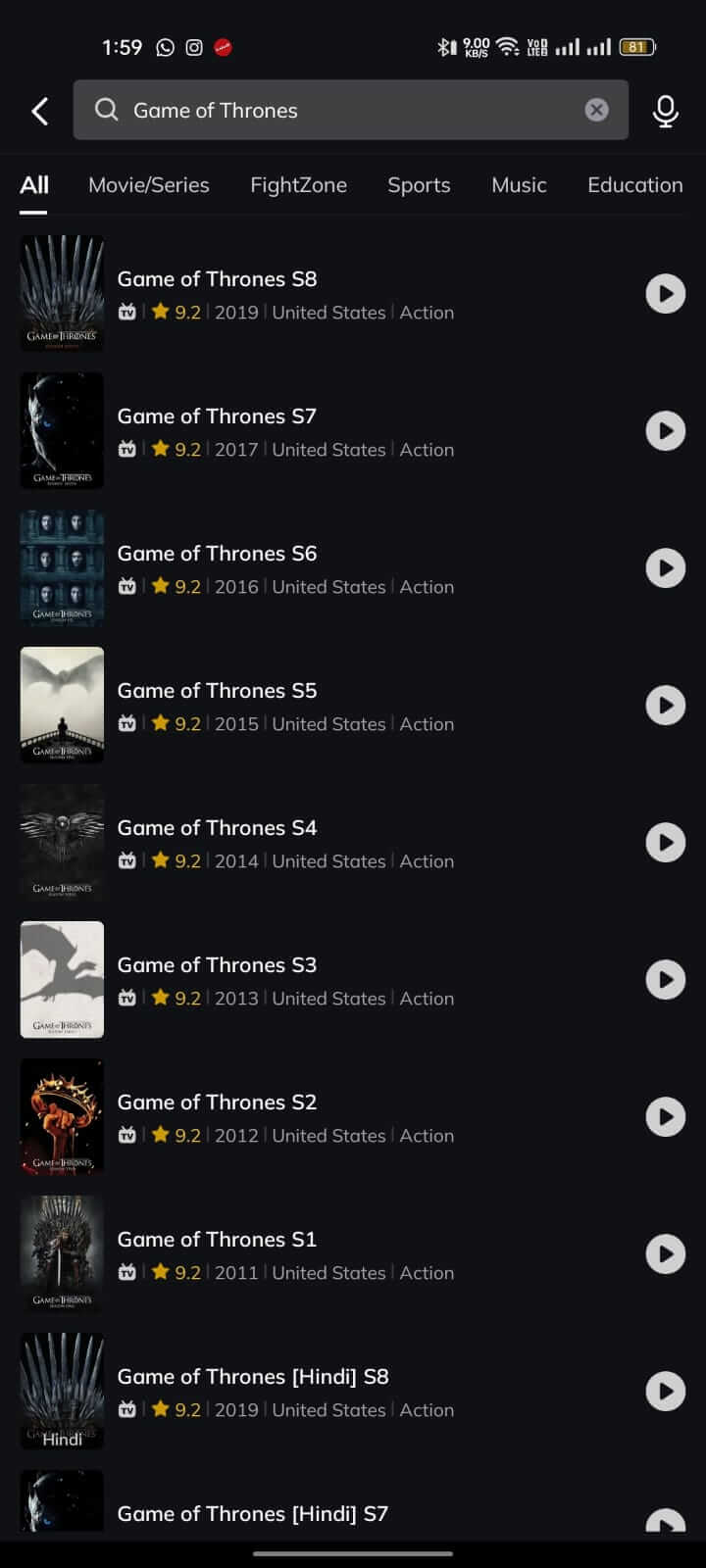 Game of Thrones All Season on Movie Box App