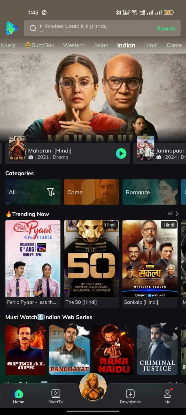 Indian Content Section on Movie Box App