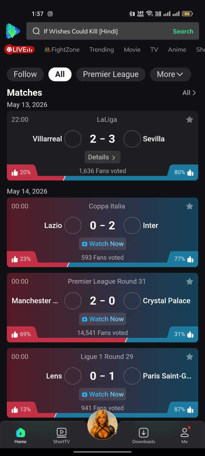 Live Matches on Movie Box App