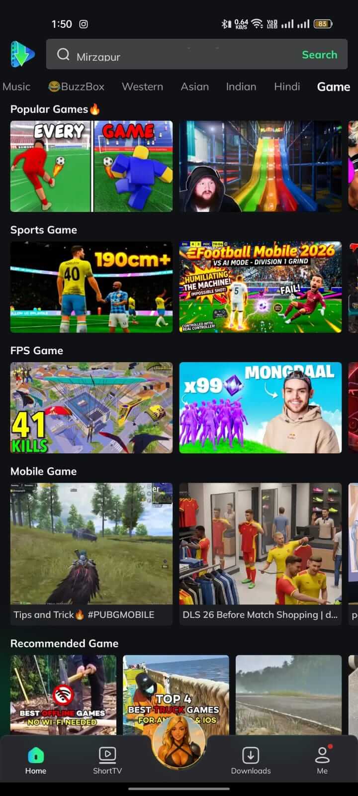 Popular Games Section on Movie Box App