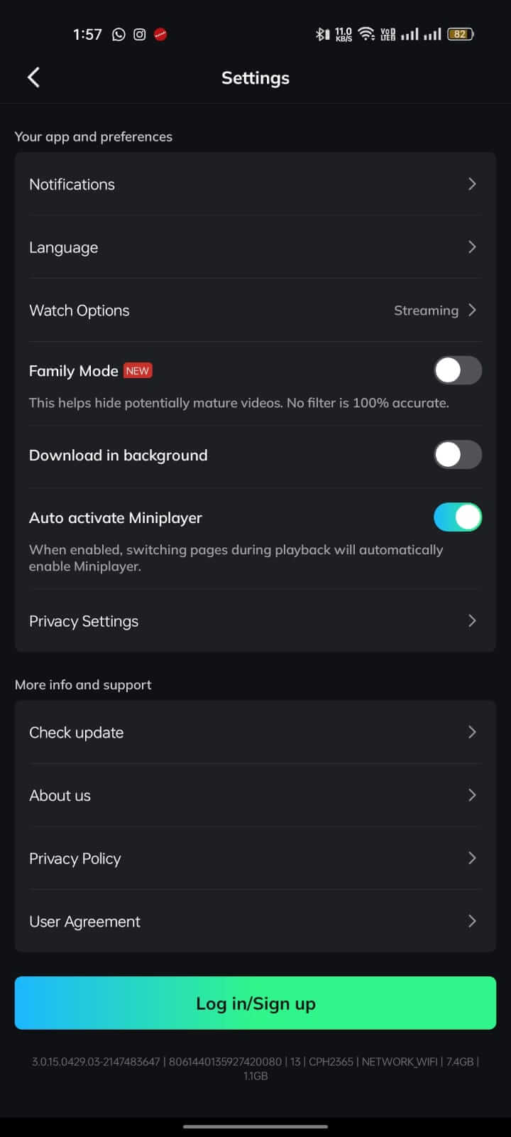 Settings Layout on Movie Box App