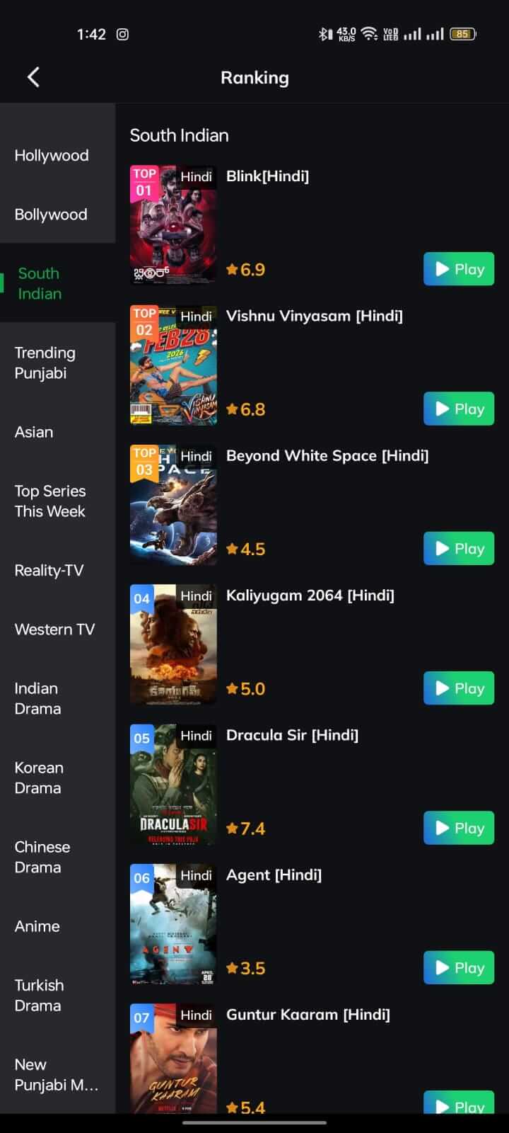 South India Ranking Movies on Movie Box App