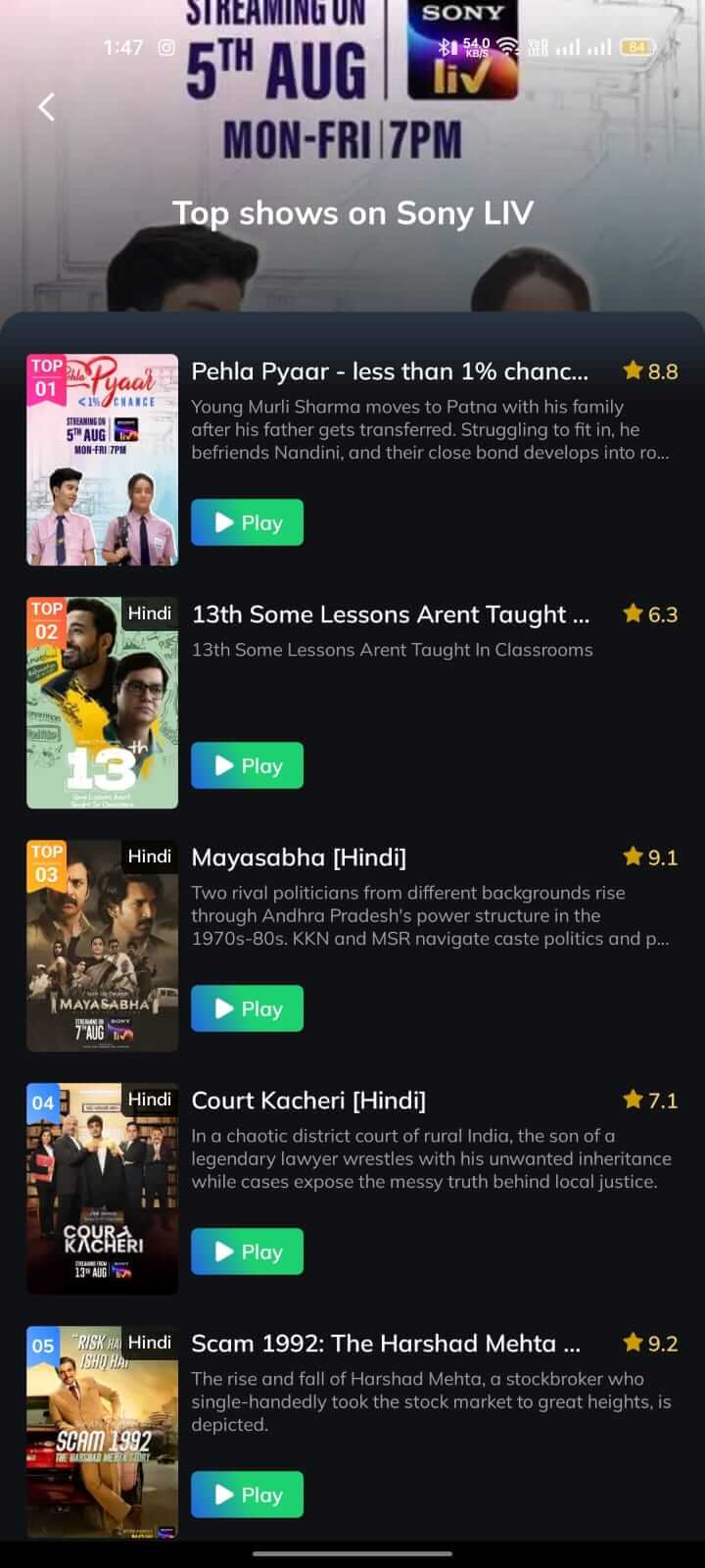 Top Shows on Sony LIV on Movie Box App