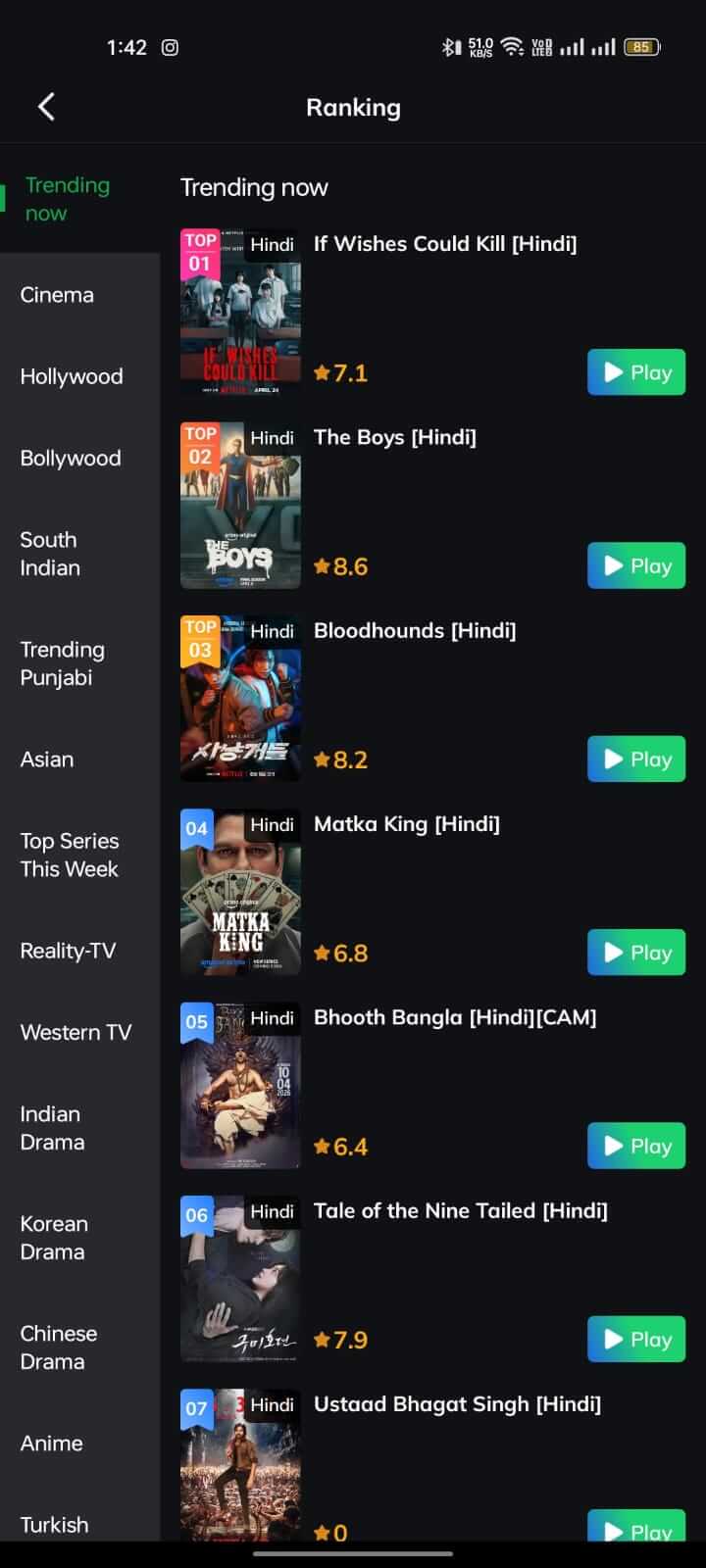 Trending Now Ranking Series on Movie Box App